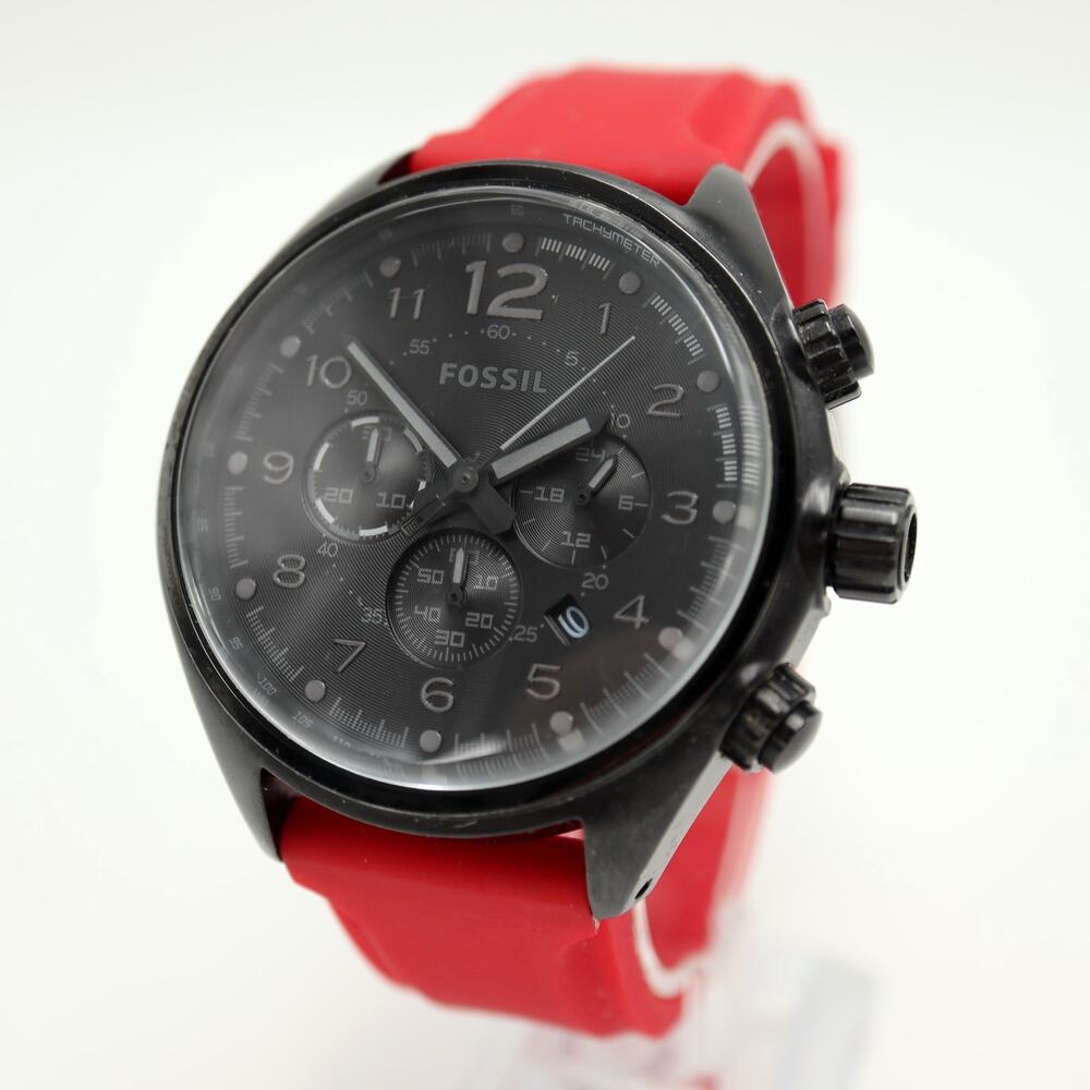 Fossil Mens Black 47mm Chronograph Watch Red Silicone Strap CH2803 w New Battery